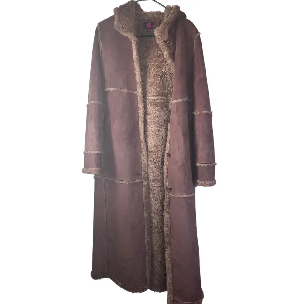 Vintage Y2K Gallery Tan Suede Sherpa Penny Lane Trench Coat-size Small - Picture 6 of 15